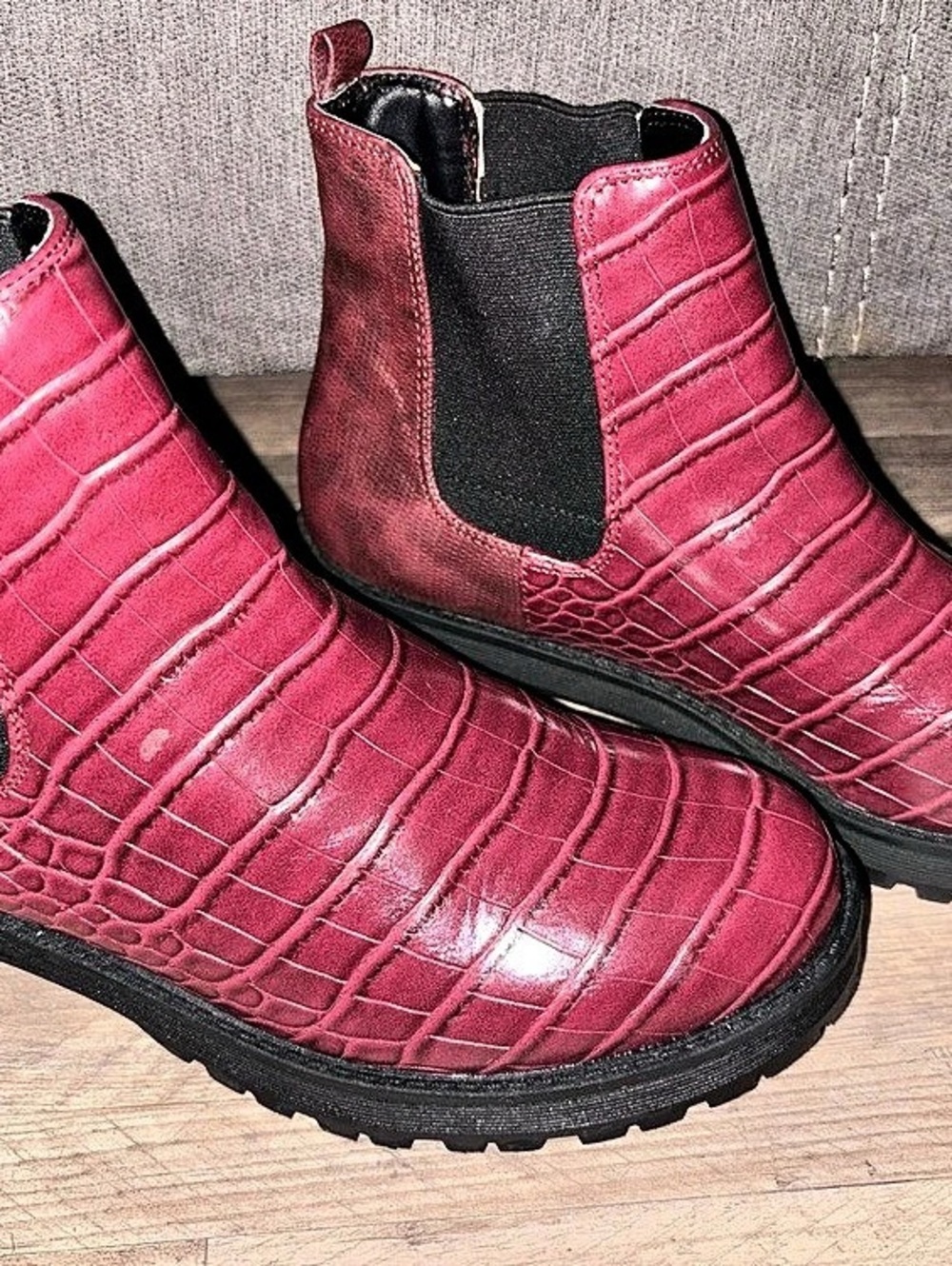 FERGIE Crocodile-Embossed Ankle Boots in Red & Black